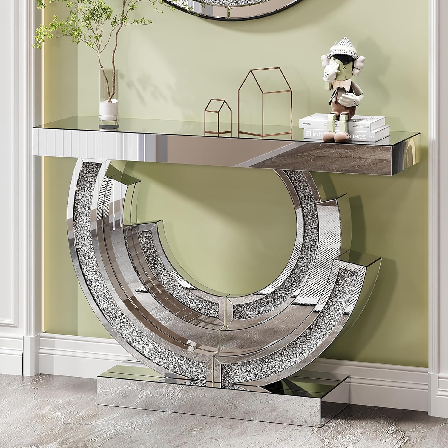 SSLine Mirror Console Table for Living Room 43" Modern Mirrored Entryway Table with Crystal 3-Ring Shape Base Luxury Silver Foyer Tables for Entryway Hallway