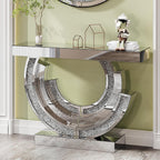 Silver Mirrored Console Table, 43" Modern Entryway Table with Crushed Diamond lnlay, 3C-Shaped Shiny Mirrored Sofa Table Behind Couch Foyer Hallway Tables for Living Room Entrance