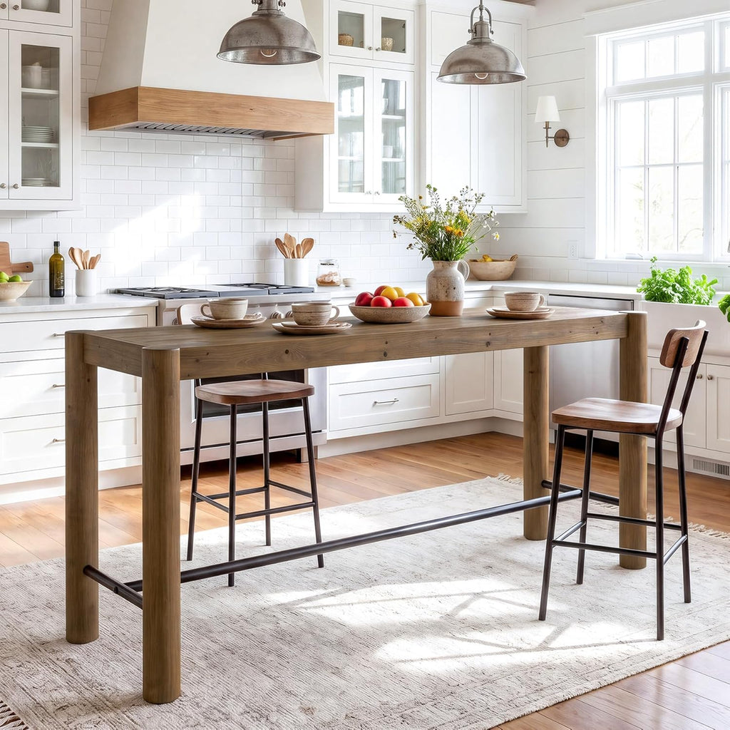 59-Inch Bar Table, Solid Wood Counter Height Dining Table with Metal Footrest, Modern Rustic Home Bar Unit for Kitchen, Living Room & Dining Room, Brown