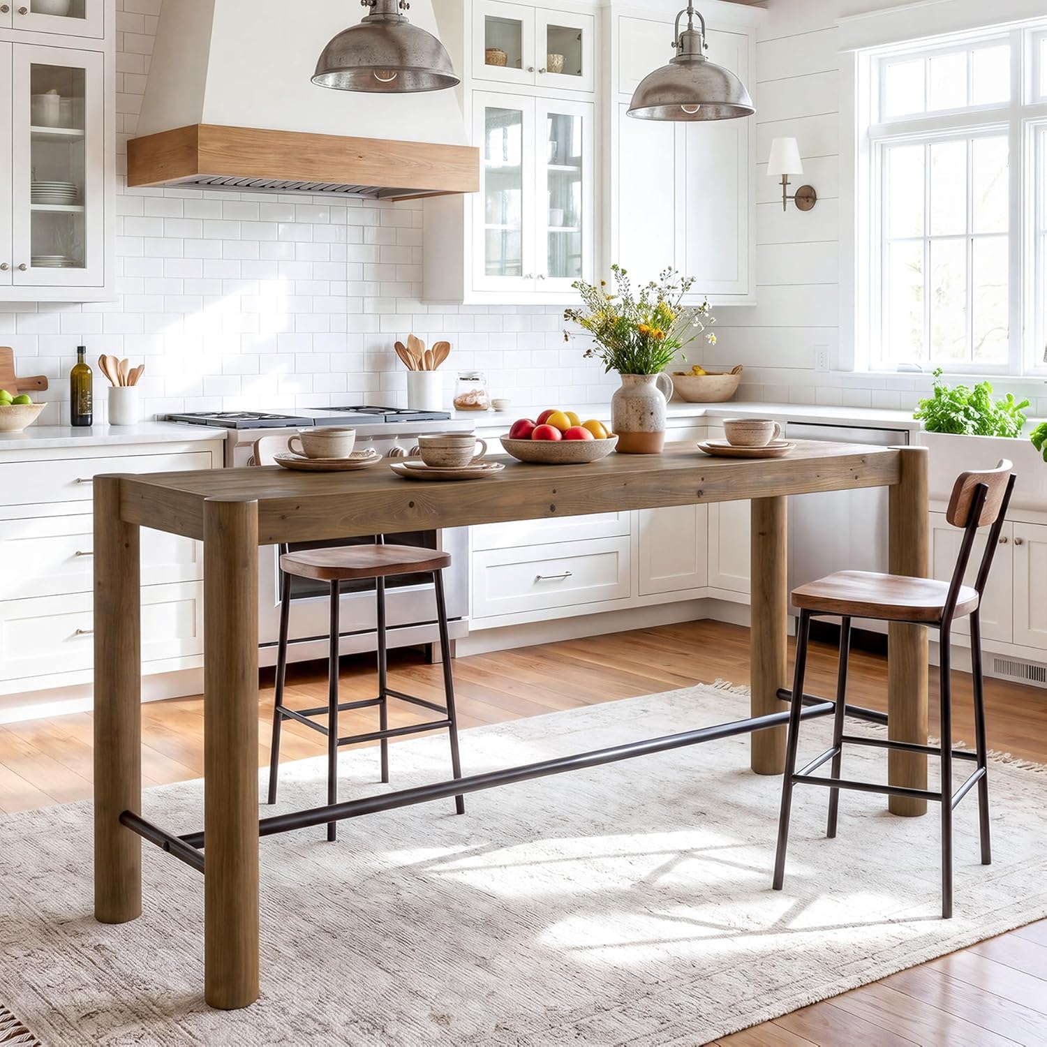 59-Inch Bar Table, Solid Wood Counter Height Dining Table with Metal Footrest, Modern Rustic Home Bar Unit for Kitchen, Living Room & Dining Room, Brown