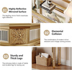 Gold Mirrored Console Table, 48" Rectangle Glass Sofa Table with Mirrored Vintage Carved Elements,Modern Luxury Mirror Furniture for Living Room Foyer Entrance Entryweay Hallway
