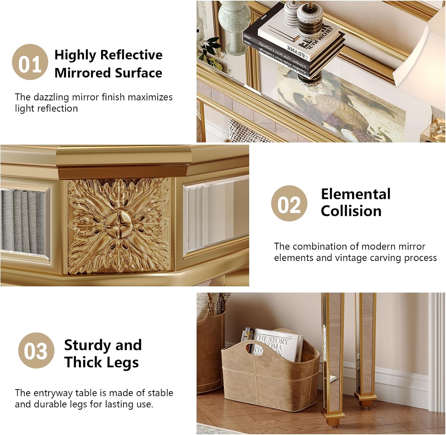 Gold Mirrored Console Table, 48" Rectangle Glass Sofa Table with Mirrored Vintage Carved Elements,Modern Luxury Mirror Furniture for Living Room Foyer Entrance Entryweay Hallway