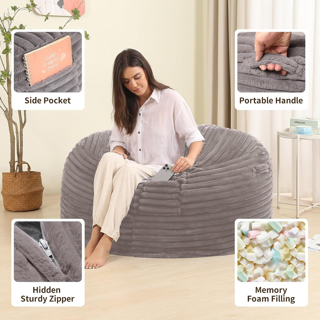4FT Memory Foam Bean Bag Chair for Adults/Teens, Bean Bag Sofa with Fluffy Removable Cover, for Living Room Bedroom, Grey