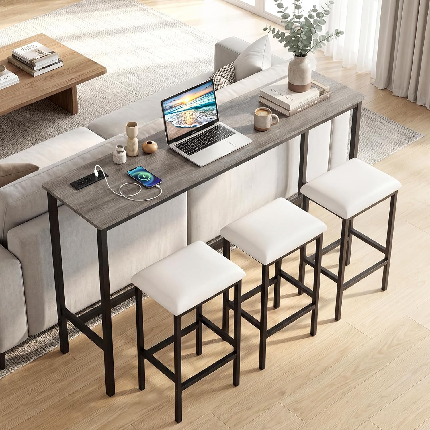 COSTWAY 4 Pieces Counter Height Bar Table Set with Power Outlet, 60" Farmhouse Modern Dining Table w/ 3 Padded Stools, Long Kitchen Island Table and Upholstered Chairs for Breakfast Nook, Small Spaces
