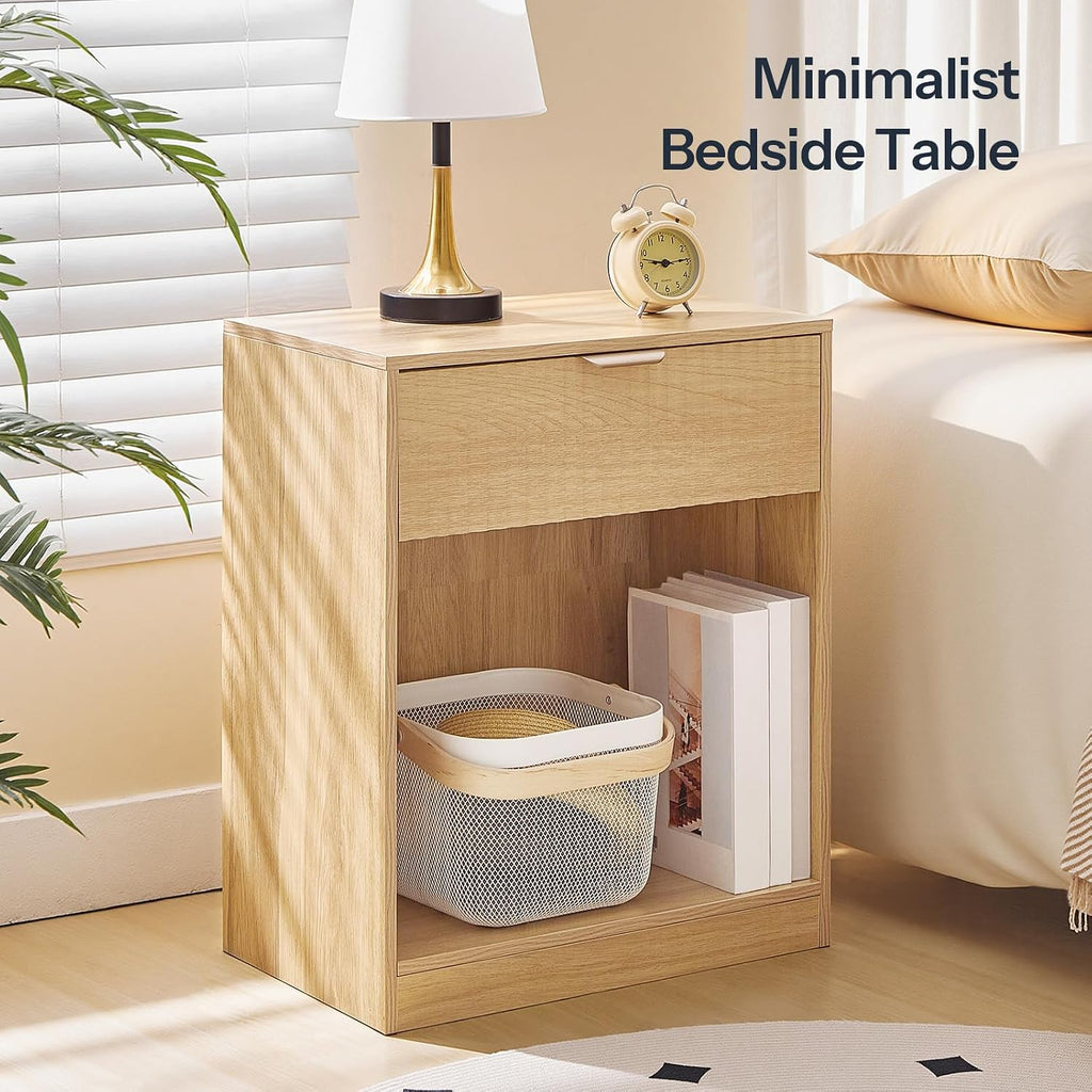 HOOBRO Round Side Table and Nightstand Bundle, 2-Tier Round Sofa End Table, Modern End Table with 1 Drawer and 1 Open Compartment, WW183BZ01-NL208BZ01