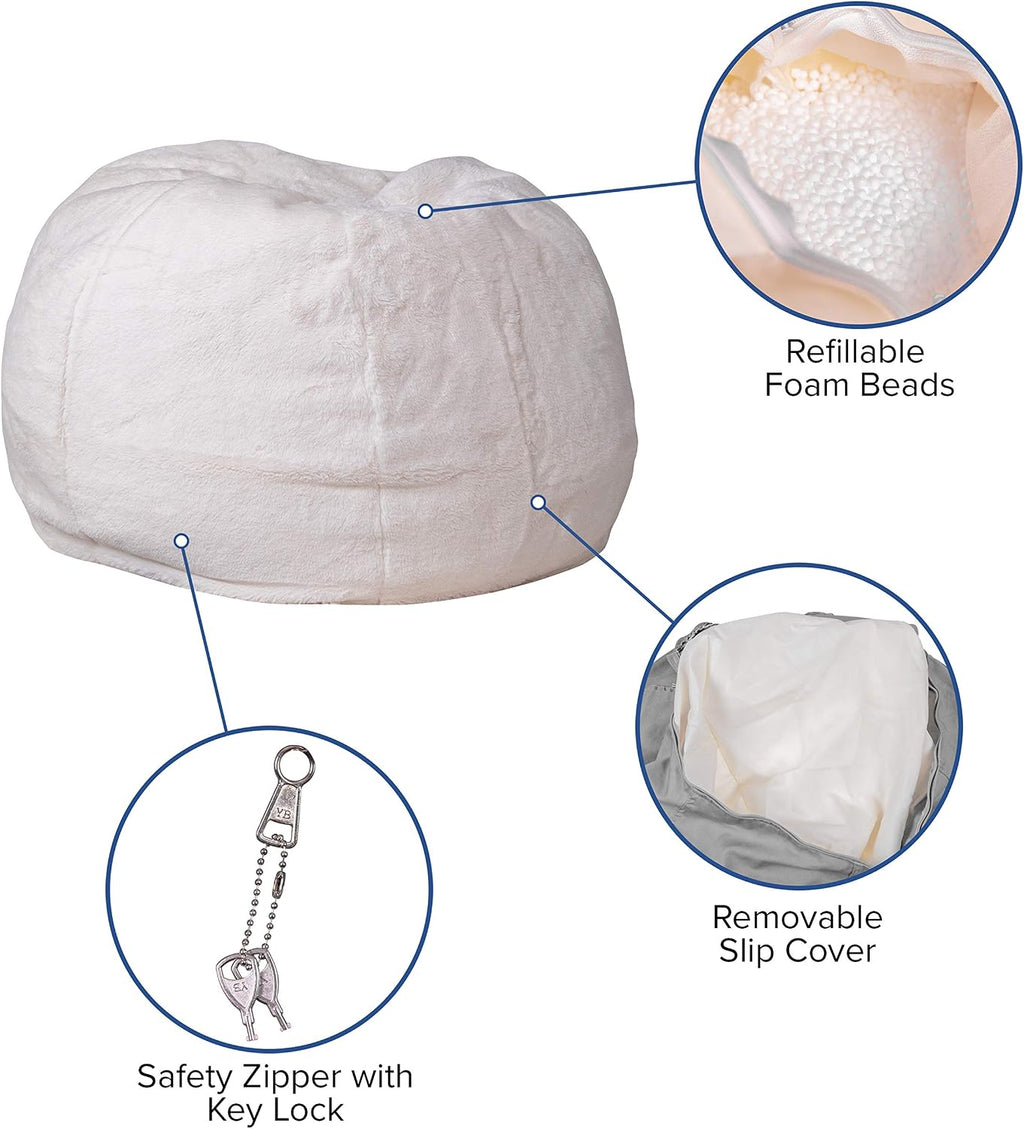 EMMA + OLIVER Small White Furry Bean Bag Chair for Kids and Teens