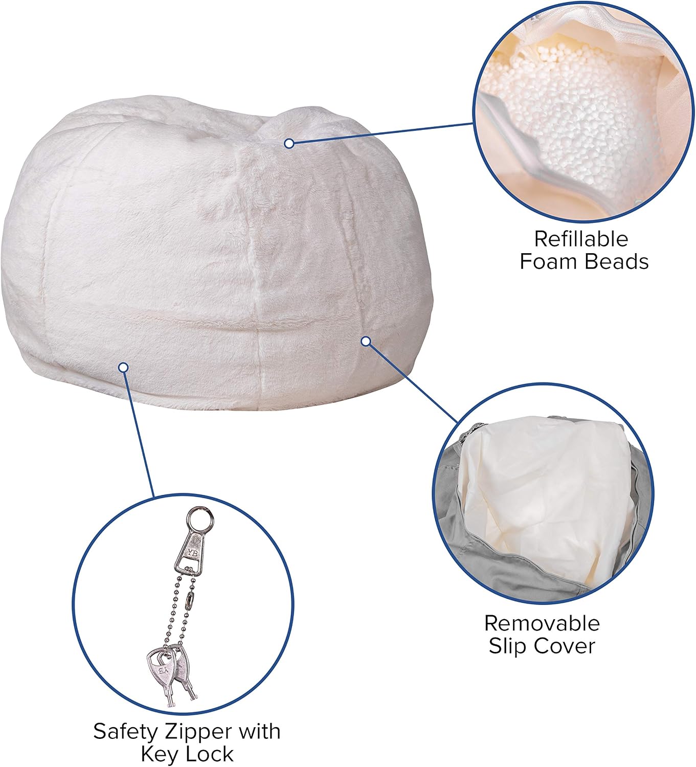 EMMA + OLIVER Small White Furry Bean Bag Chair for Kids and Teens