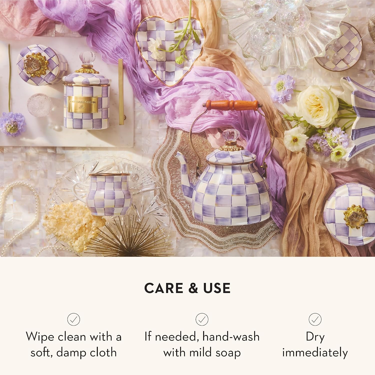 MACKENZIE-CHILDS Enamel Canister, Versatile Kitchen Storage Container for Flour and Sugar, Mini, 14-Ounce Capacity, Purple-and-White Violet Check