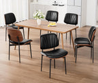 REONEY Dining Chairs Set of 2, Mid-Century Modern Upholstered PU Leather Chairs with Walnut Bentwood Back and Metal Legs Adjustable Feet for Kitchen, Black Shell Strips