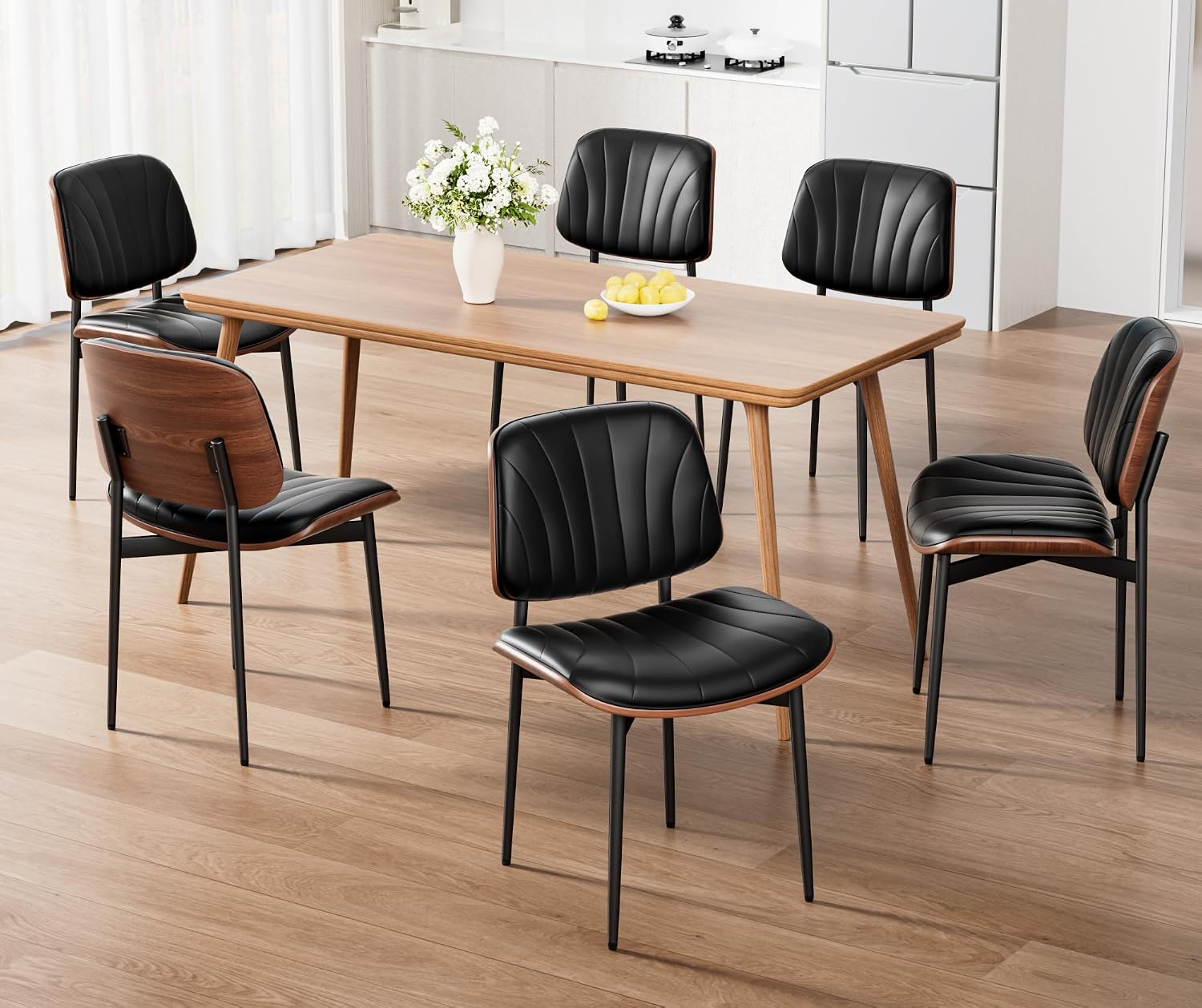 REONEY Dining Chairs Set of 2, Mid-Century Modern Upholstered PU Leather Chairs with Walnut Bentwood Back and Metal Legs Adjustable Feet for Kitchen, Black Shell Strips