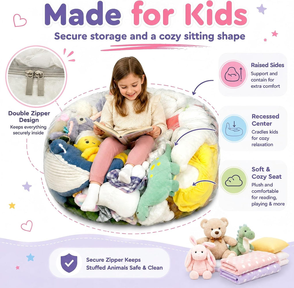 Clear Stuffed Animal Storage Bean Bag Chair Cover for Kids with Zipper | Transparent Waterparoof, Wipe Clean Thicker PVC, Holds 50+ Stuffed Animals, Double Zipper for Plush Toys Storage & Organizing