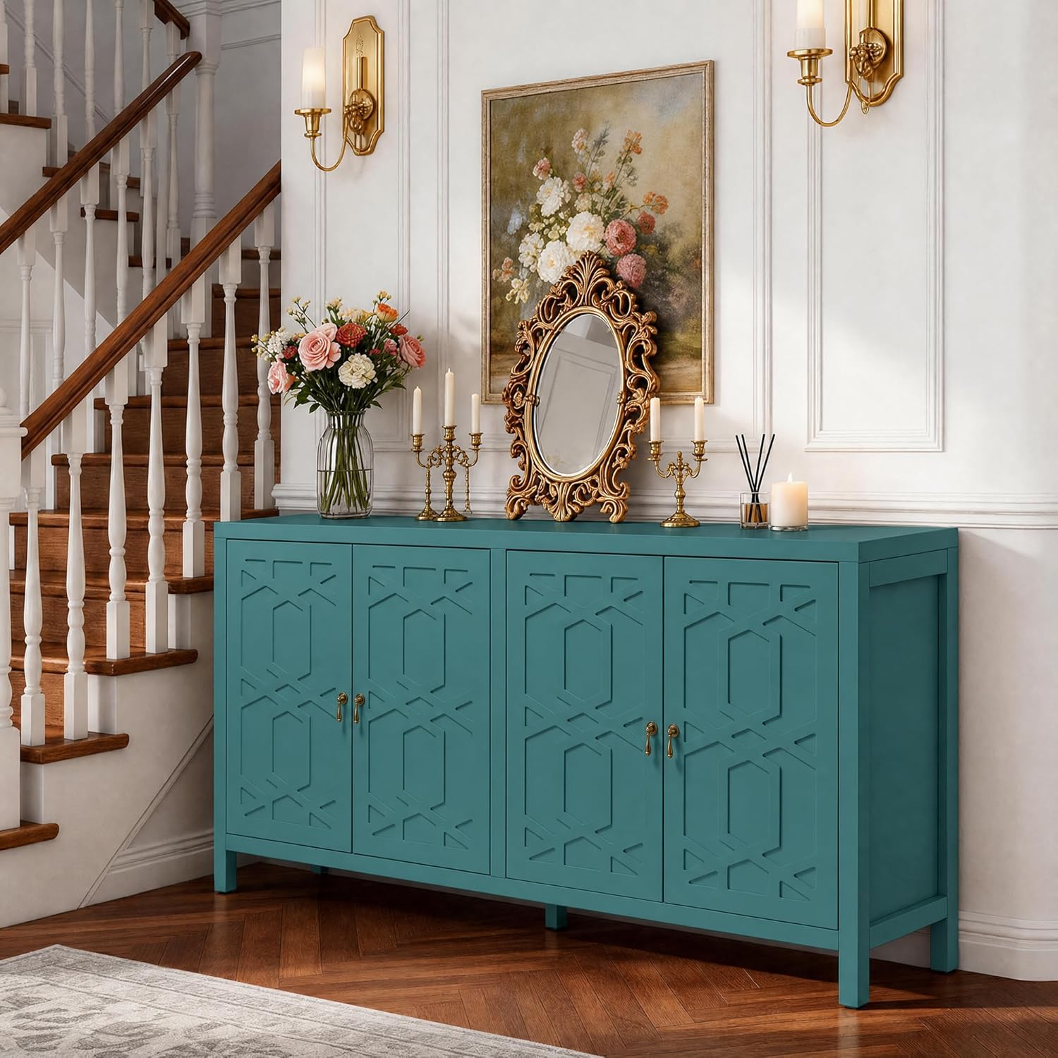 RoyalCraft Buffet Cabinet with Storage, 60" W Modern Coffee Bar Sideboard with 4 Doors & Adjustable Shelves, Painted Wooden Credenza for Dining Room, Kitchen, Living Room, Entryway, Turquoise Blue