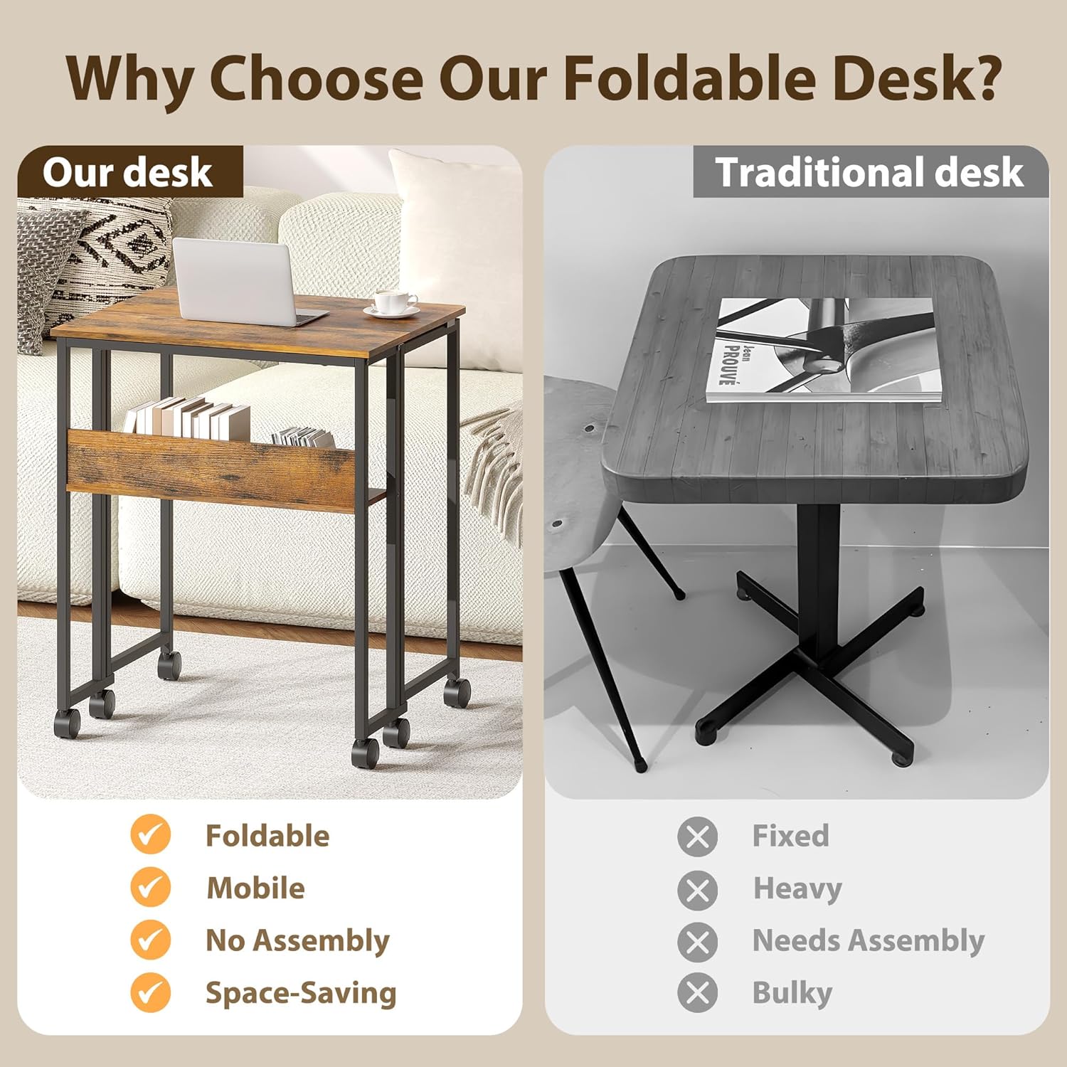 Folding Desk Small Rolling Desk with Storage Shelf,24.8 Inch Foldable Computer Table with Wheels,Portable Office Desk for Small Space Sofa Table,Easy to Fold,Writing Work Office Computer Desk,Walnut