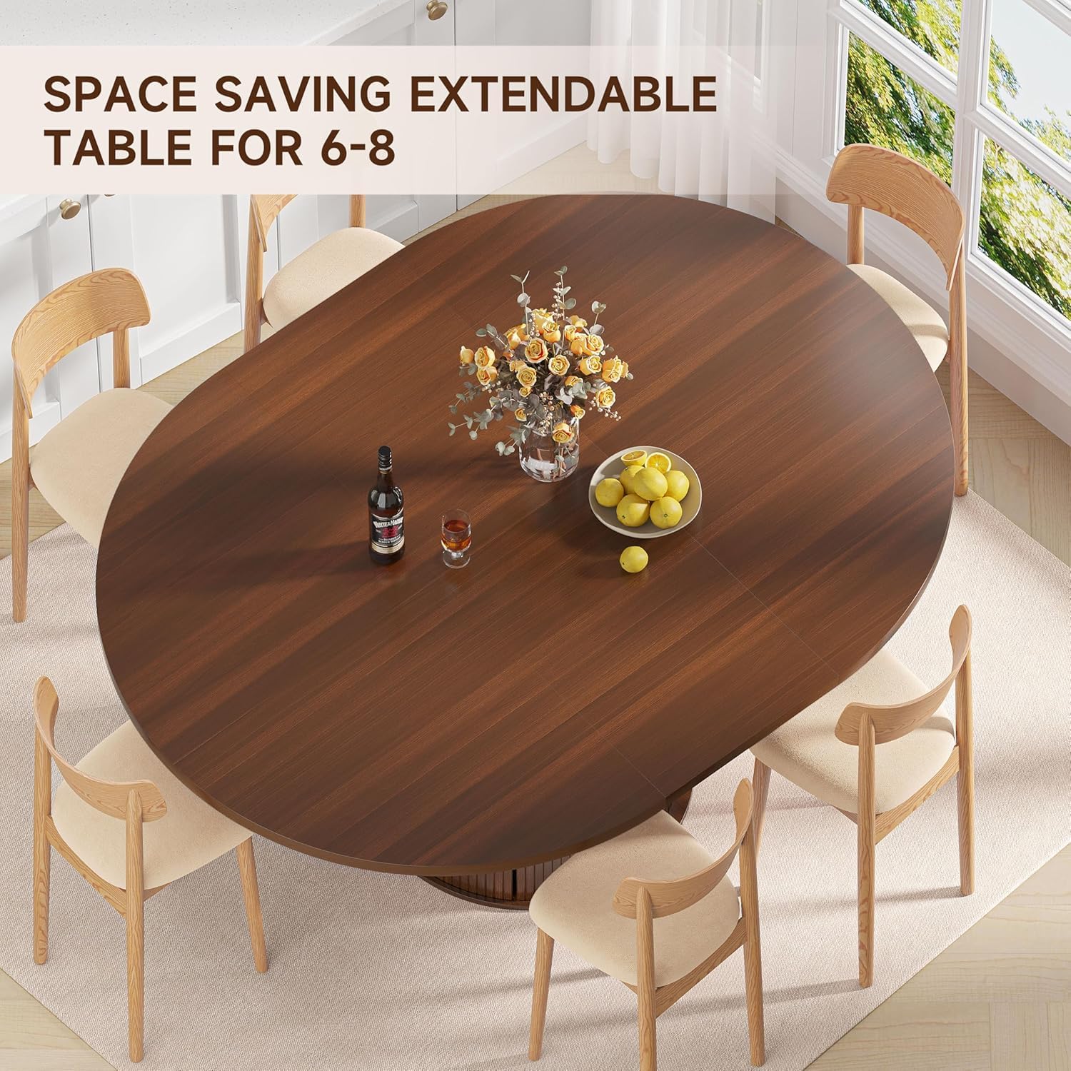 Extendable Round Dining Table: 47″–63″ Kitchen Table for 4 6 8 with Dust-Proof 2-Tier Storage Shelf Space Saving, Modern Farmhouse Expandable Wood Oval Circle Dinner Furniture with Pedestal Base