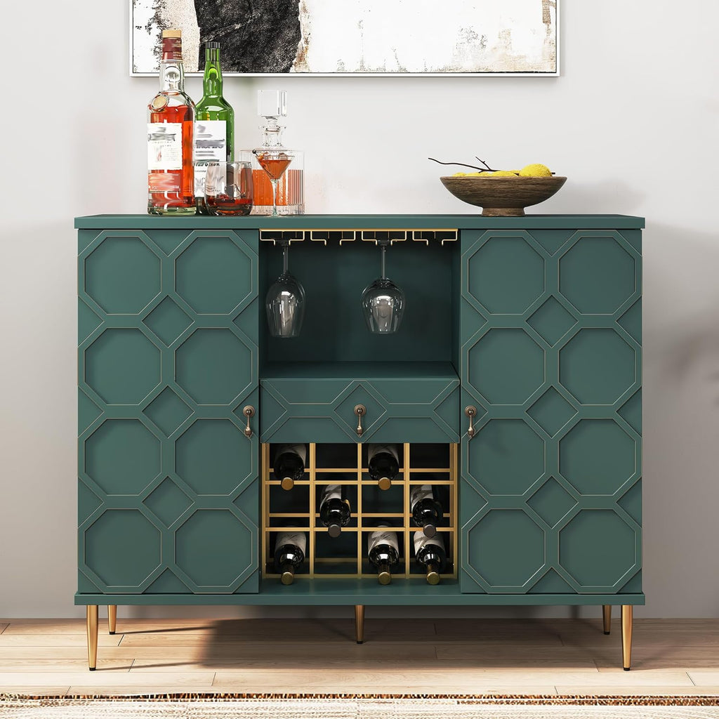Modern Bar Cabinet with Drawer, Liquor Cabinet with Wine Glass Racks and Shelves, Geometric Door Buffet Sideboard for Dining Room, Living Room, Kitchen, Green