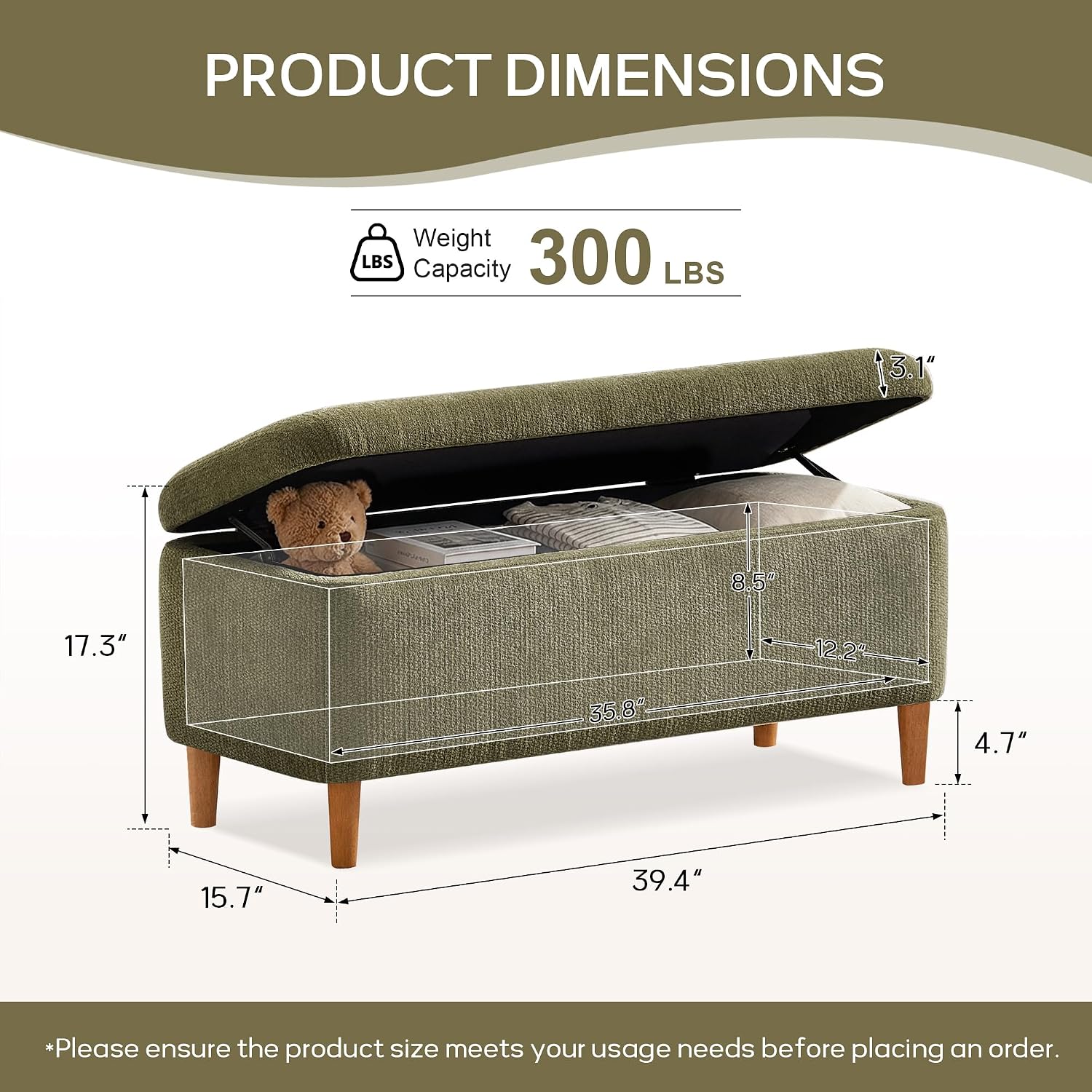 39.4”Ottoman with Storage,Upholstered Comfy Storage Bench Ottoman with Wooden Legs,End of Bed Bench Footstool for Hallway Entryway Bedroom Living Room Green