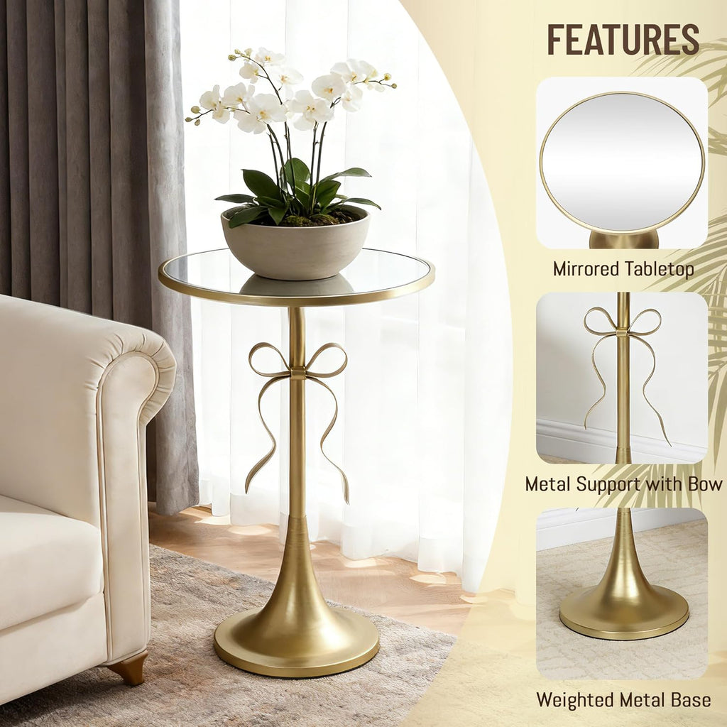 Gold Metal Side Table, Retro Bow Pedestal End Table with Mirror Tabletop, Decorative Martini Drink Table for Small Space, Living Room, Couch, Patio
