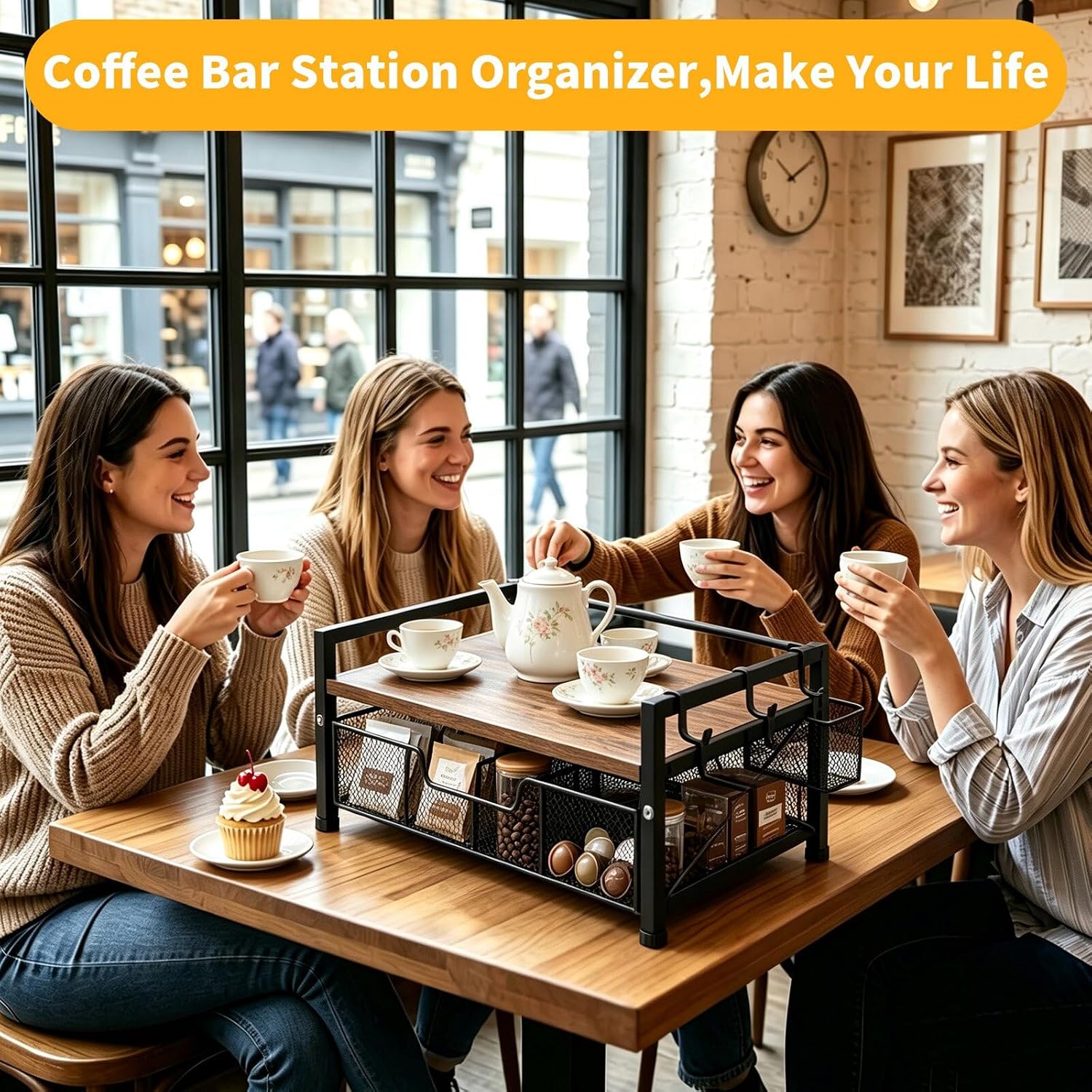 Tea Bag Coffee Bar Organizer,Teabag Holder & Coffee Station with Storage Drawer,Wood Tea Station Chest Display Container Box for Countertop Kitchen (Rustic Brown)