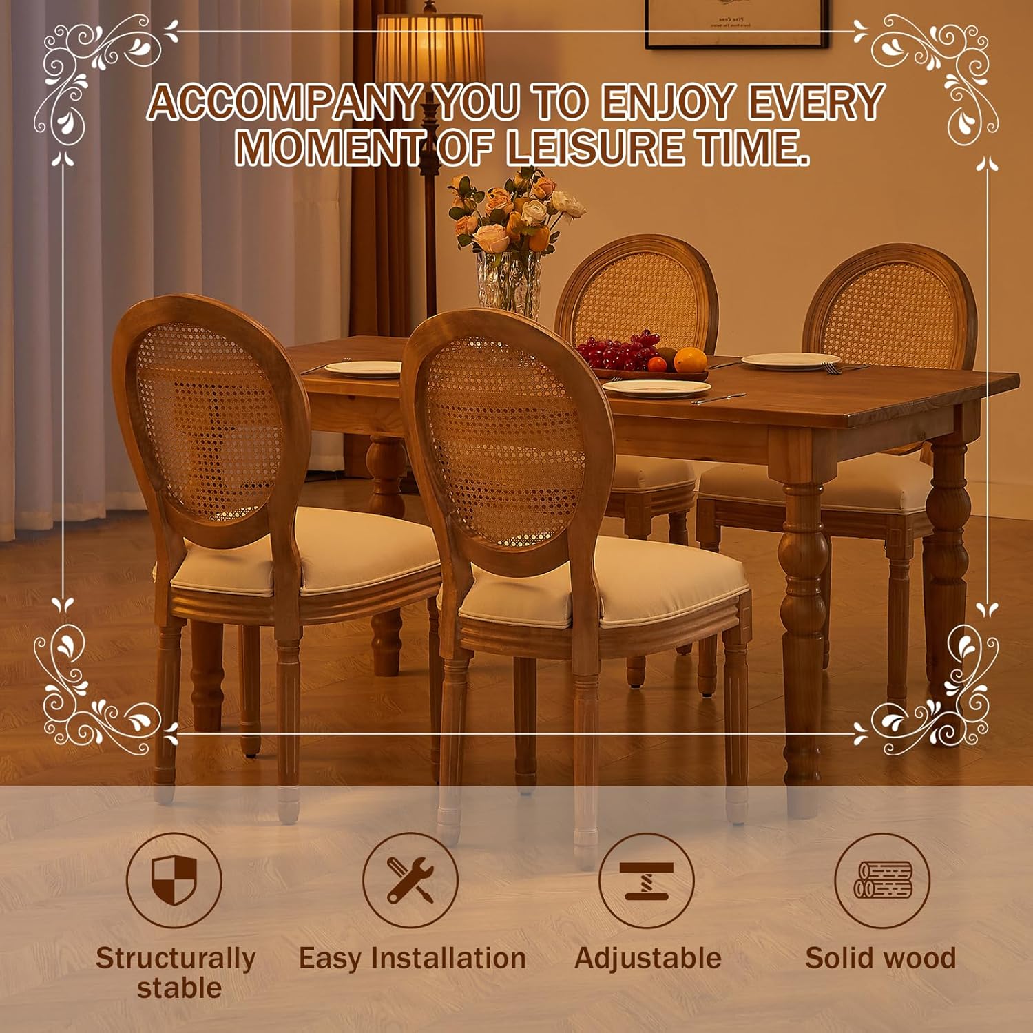 Virabit French Dining Chairs Set of 4, Hand-Woven Rattan Farmhouse Upholstered Dining Chairs with Curved Backrest and Beautifully Carved Solid Wood Frame for Living Room, Kitchen, Restaurant