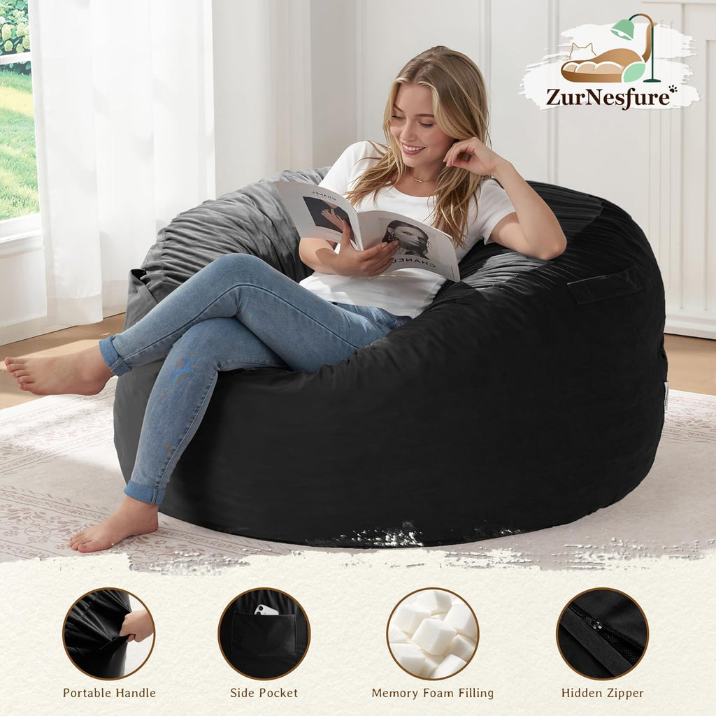 ZurNesfure Bean Bag Chairs for Adults 3FT Large Bean Bag Chair Memory Foam Filled Lazy Sofa with Removable Washable Cover Beanbag for Living Room Bedroom Dorm (Black, Medium)