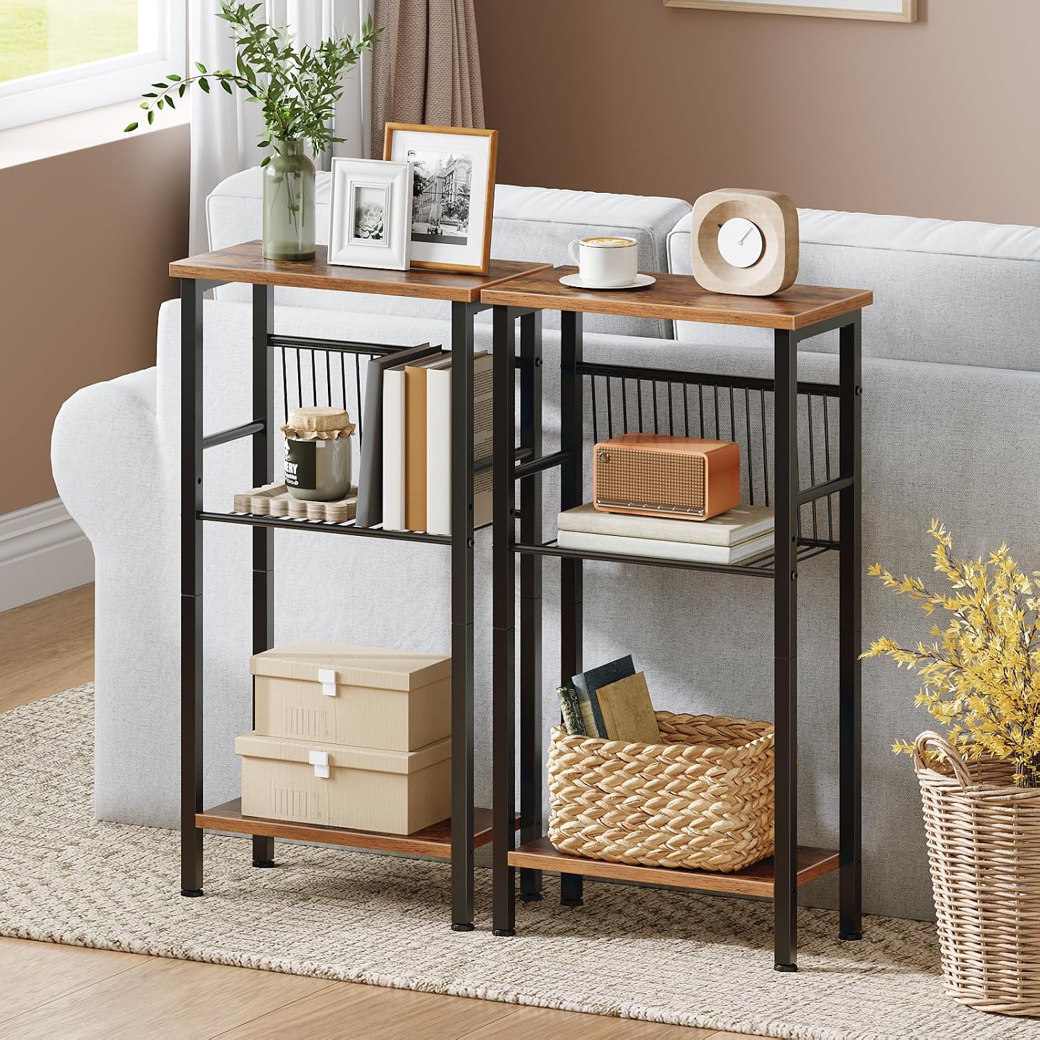 HOOBRO 15.7" Narrow Console Table for Small Space, 3 Tier Entryway Table with Adjustable Shelf, Behind Couch Table, Sofa Table, for Entryway, Hallway, Living Room, Rustic Brown and Black BF41XG01