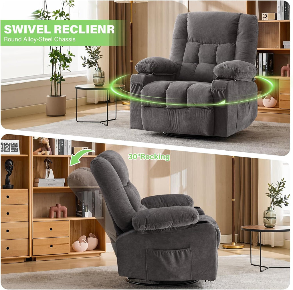 BOSMILLER 360° Swivel Rocker Recliner Chair for Adults,Oversized Recliner Chair with Massage and Heating, Manual Nursery Glider Recliner with Cup Holder and Side Pocket for Living Room, Bedroom,Grey