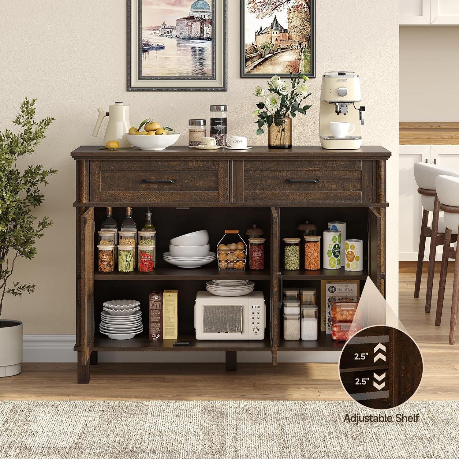 48 Inch Sideboard Buffet Cabinet with Storage, Farmhouse Coffee Bar Cabinet with 4 Drawers, Adjustable Shelves, Wood Sideboard Credenza for Kitchen, Living Room, Entryway, Brown