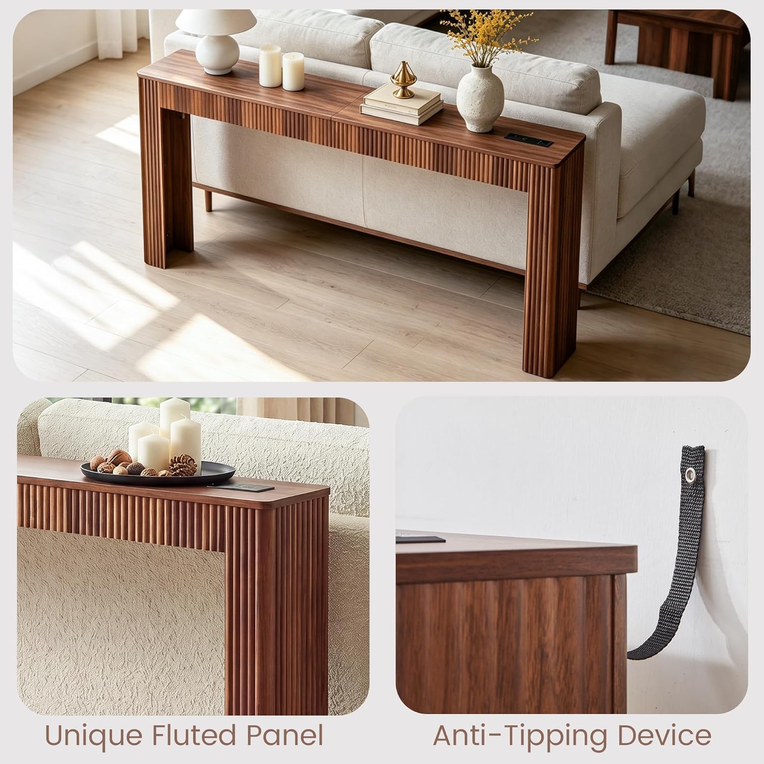 79" Fluted Console Table with Charging Station, Mid Century Modern Narrow Entryway Table with Power Outlet & USB Ports, Long Wooden Sofa Table Behind Couch, Hallway Accent Table for Foyer