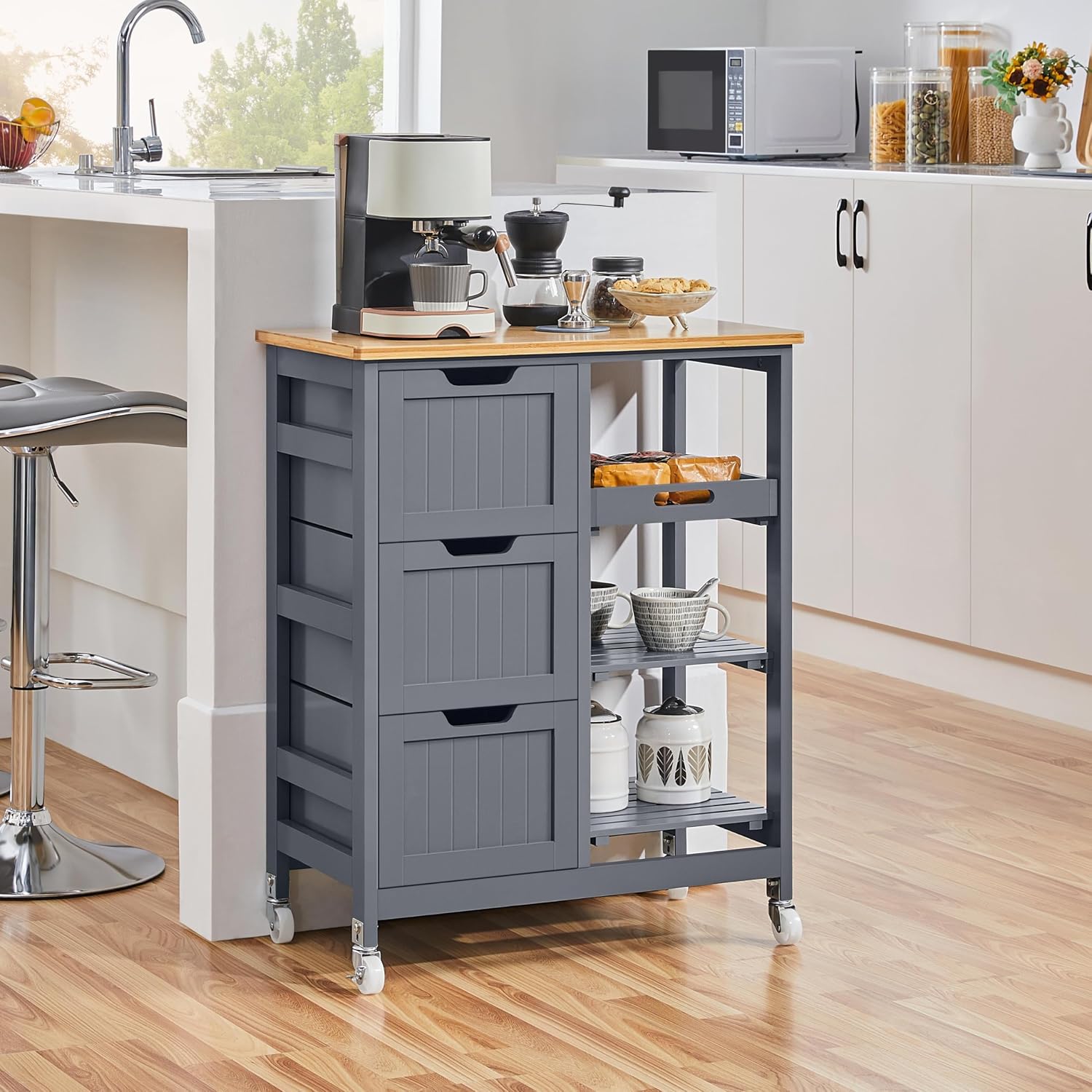 Yaheetech Kitchen Island Cart on Wheels, Rolling Storage Cart with Bamboo Countertop, 3 Drawers, 3 Removable Shelves & Lockable Casters for Dining Room, Bar, Dark Gray
