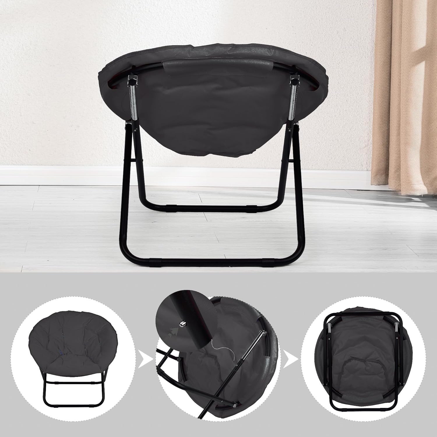 Grezone Folding Faux Fur Saucer Chair,Portable Folding Soft Moon Chair for Bedroom, Dorm Rooms, Apartments, Lounging, Garden and Courtyard, Black