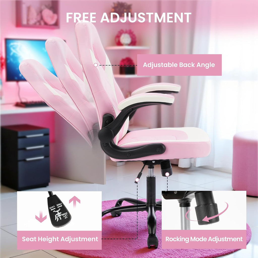 Ergonomic Gaming Desk Chair - Adjustable PU Leather Swivel Racing Chair with Flip-up Armrests for Home Office and Entertainment, Perfect for Adults, Kids, and Gamers