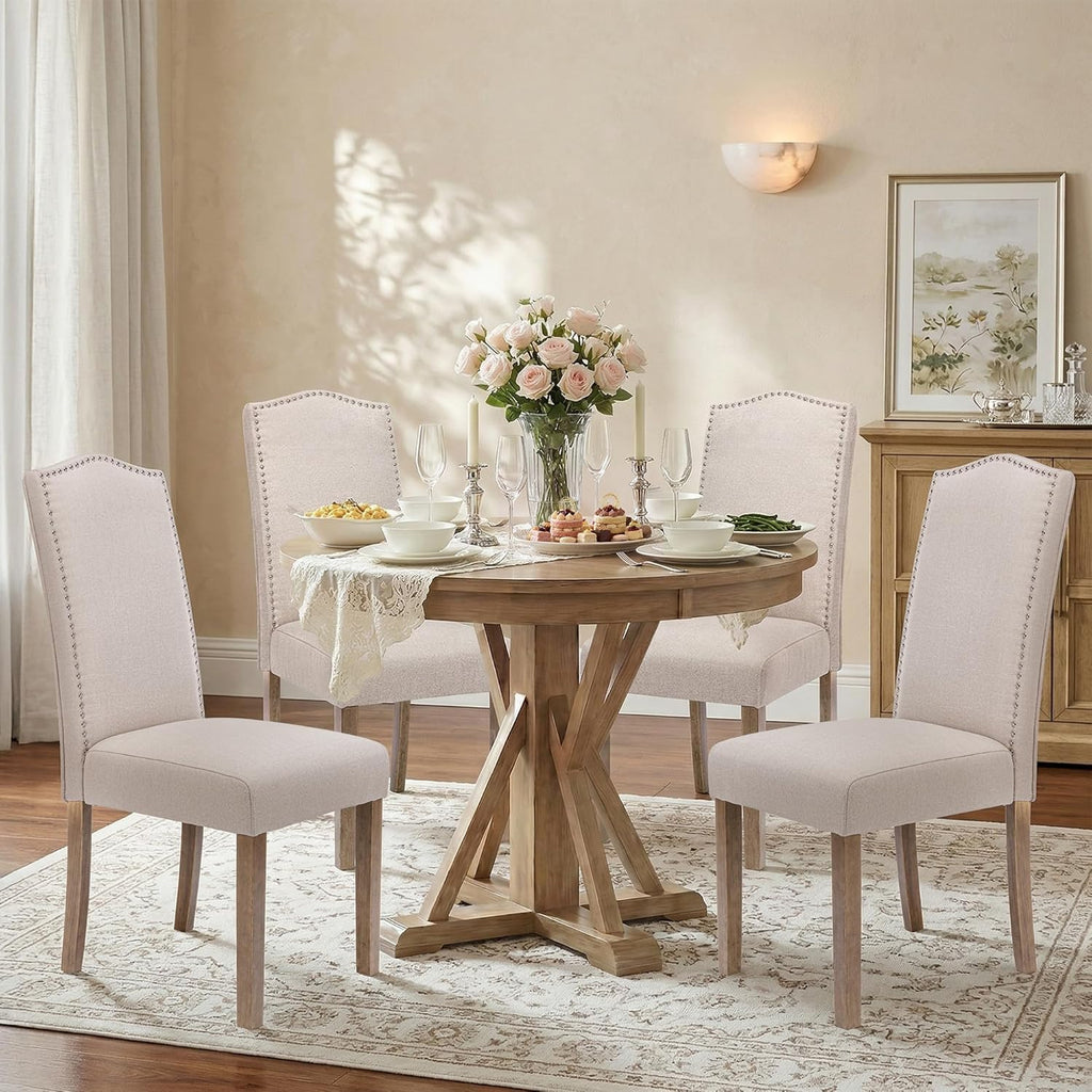 Upholstered Dining Chair Modern Stylish Parsons Kitchen Diner High Back with Silver Nailhead Trim & Wood Legs, Set of 4, Fabric Beige