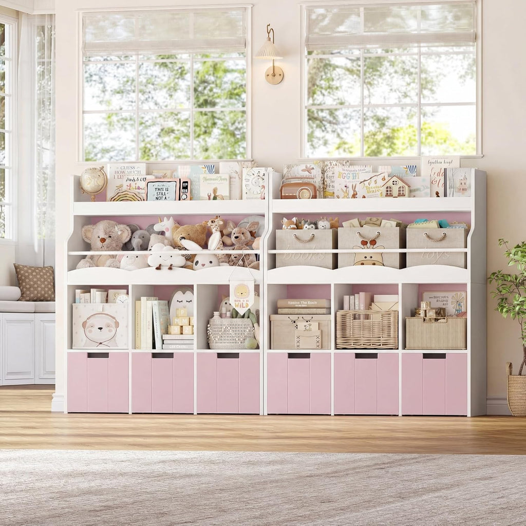 HITHOS Kids Toy Storage Organizer with Bookshelf, Multifunctional Book Shelf with 3 Movable Toy Organizers for Kids Room, Kids Bookcase and Toy Box, Toy Storage Chest for Playroom, Pink