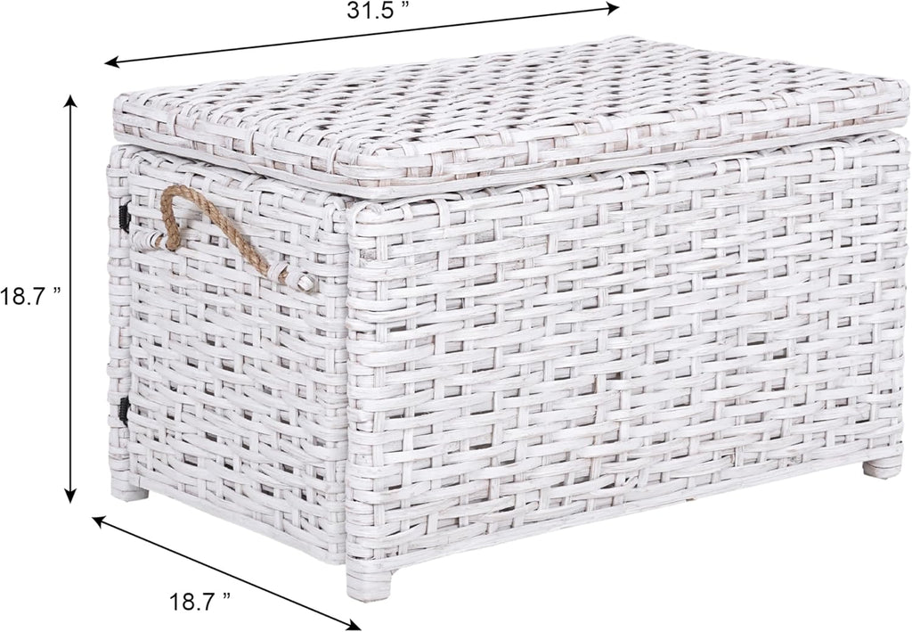 happimess HPM9003E Jacob 31.5" Handwoven Wicker Storage Trunk, Distressed White, Collapsible for flat storage, for Office, Dorm Room, Entryway, Bedroom, Dining Room