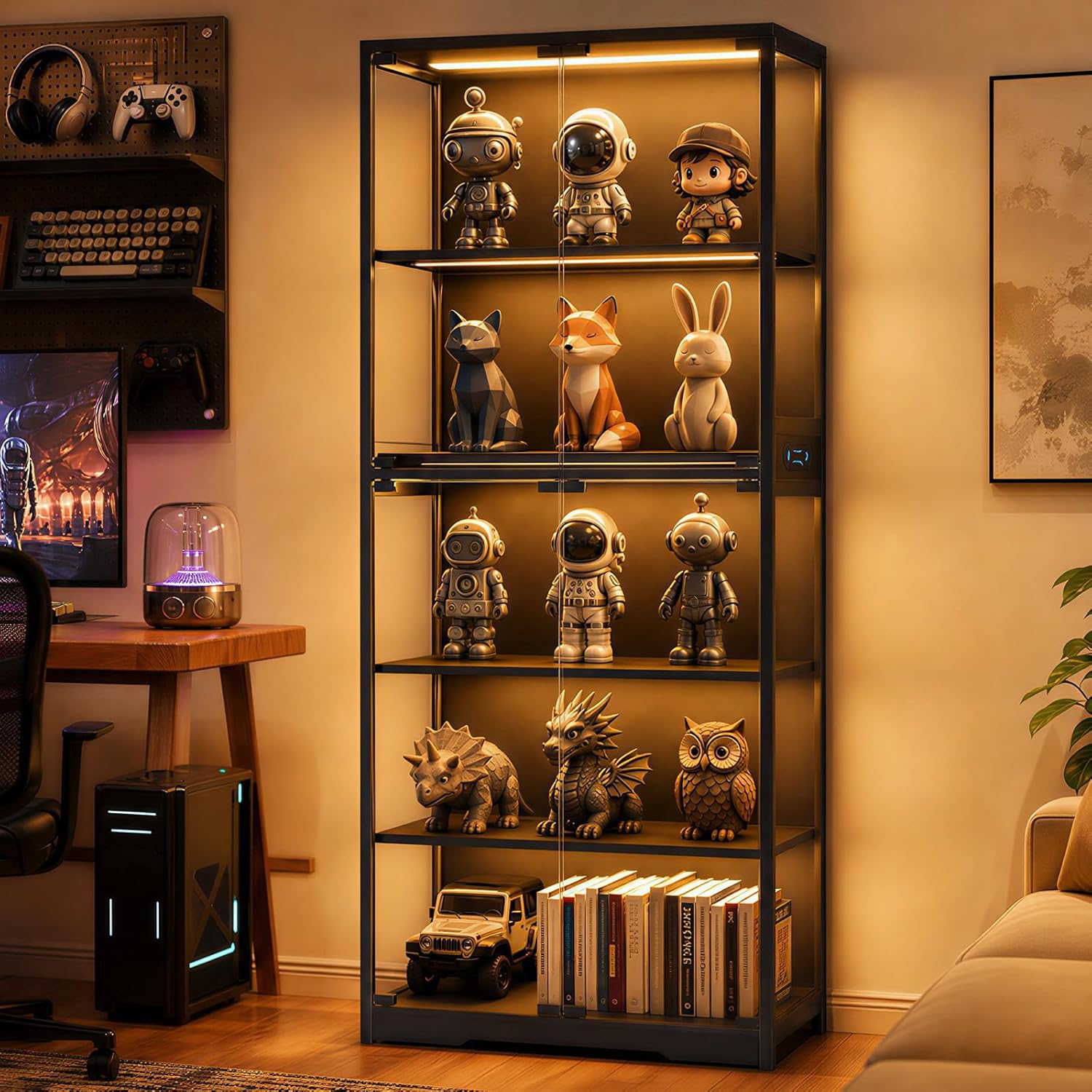 Display Cabinet with Glass Doors, 5-Tier 65" Glass Display Cabinet with LED 3-Color Lights & Human Body Sensor, Curio Cabinet with Textured Wood Shelves for Collectibles,Black Iron Frame
