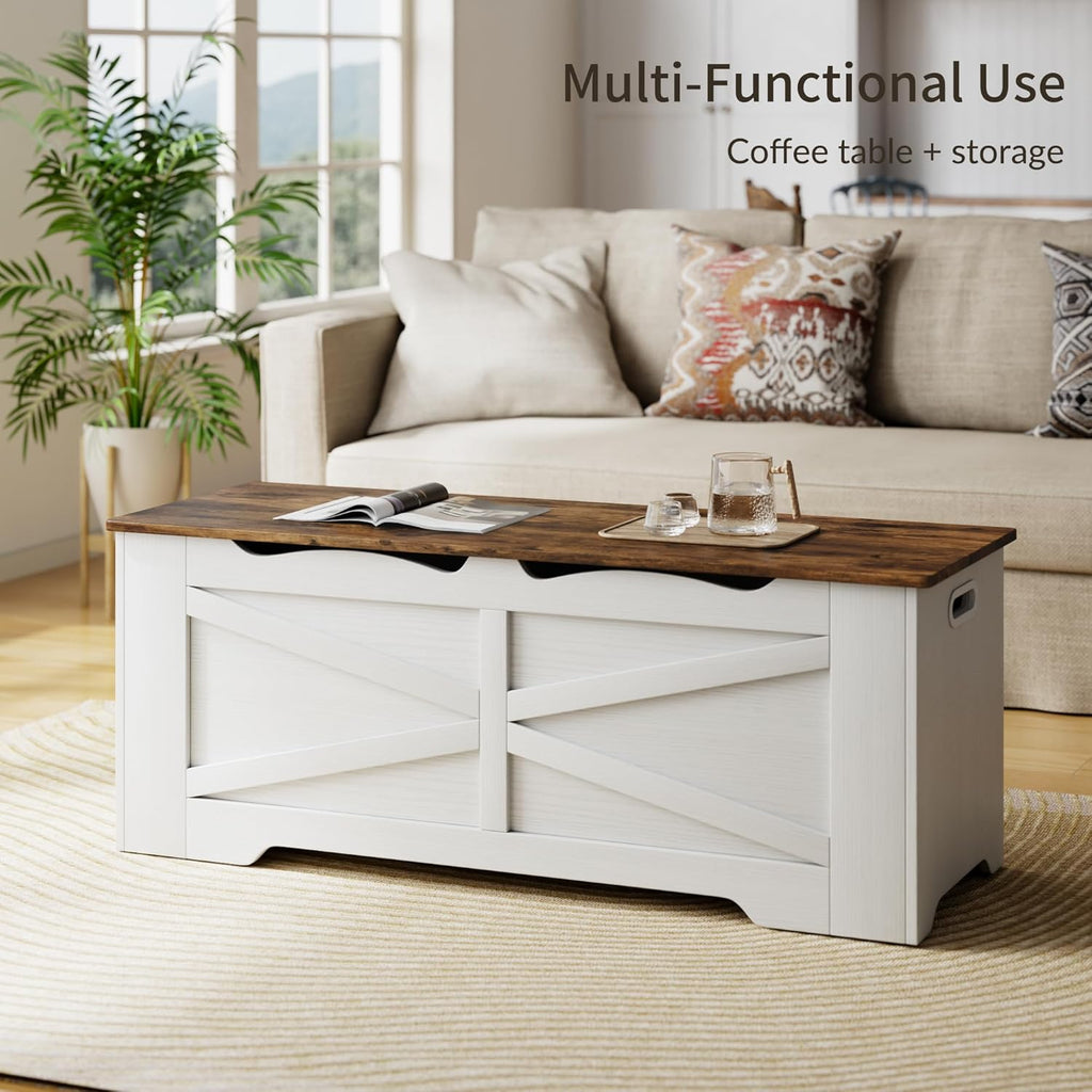 47.2" Wooden Storage Bench, Flip Top Trunk with 2 Safety Hinges, 300lbs Capacity, Multifunctional Entryway Bench for Hallway Bedroom Living Room, Blanket Organizer, White Walnut