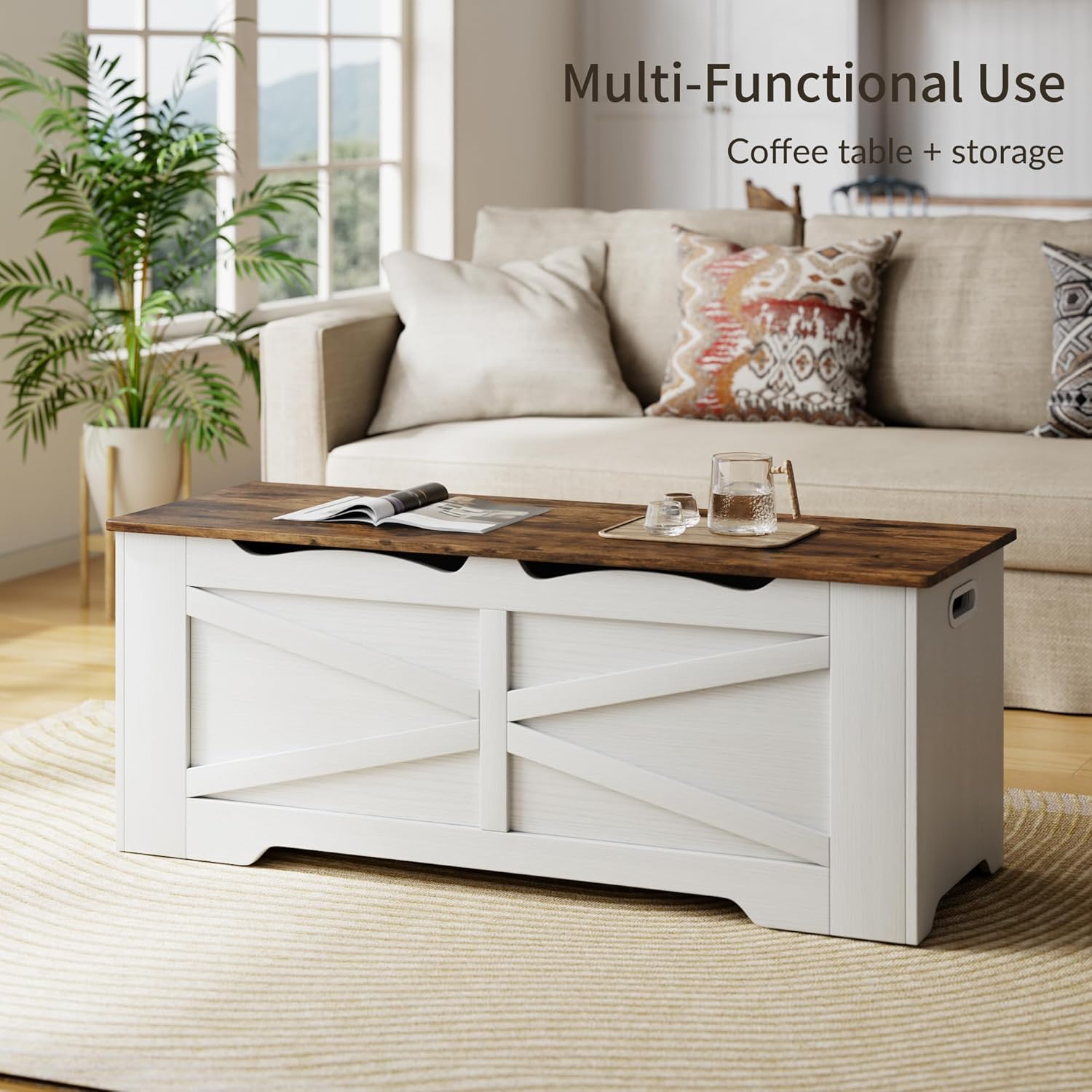 47.2" Wooden Storage Bench, Flip Top Trunk with 2 Safety Hinges, 300lbs Capacity, Multifunctional Entryway Bench for Hallway Bedroom Living Room, Blanket Organizer, White Walnut