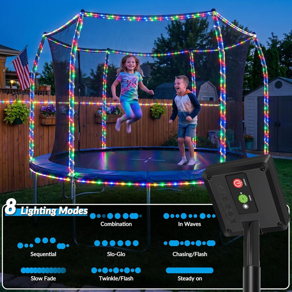 Solar Rope Lights, 2 Pack 33FT 100 LED Solar Fairy Lights with 8 Lighting Modes, IP65 Waterproof Trampoline Lights Outdoor for Yard Patio Deck Fence Tree Party Holiday Decoration, Multicolor