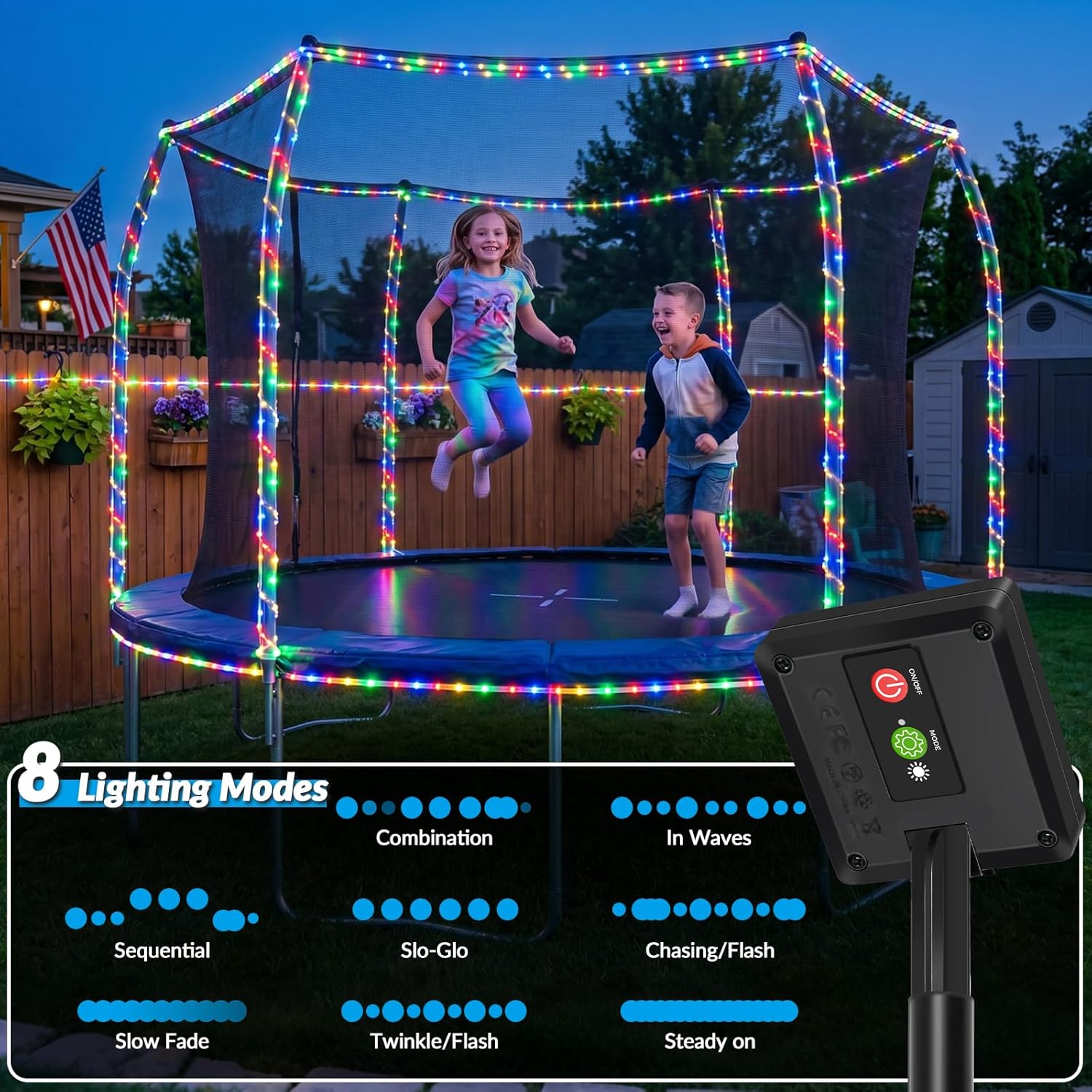 Solar Rope Lights, 2 Pack 33FT 100 LED Solar Fairy Lights with 8 Lighting Modes, IP65 Waterproof Trampoline Lights Outdoor for Yard Patio Deck Fence Tree Party Holiday Decoration, Multicolor