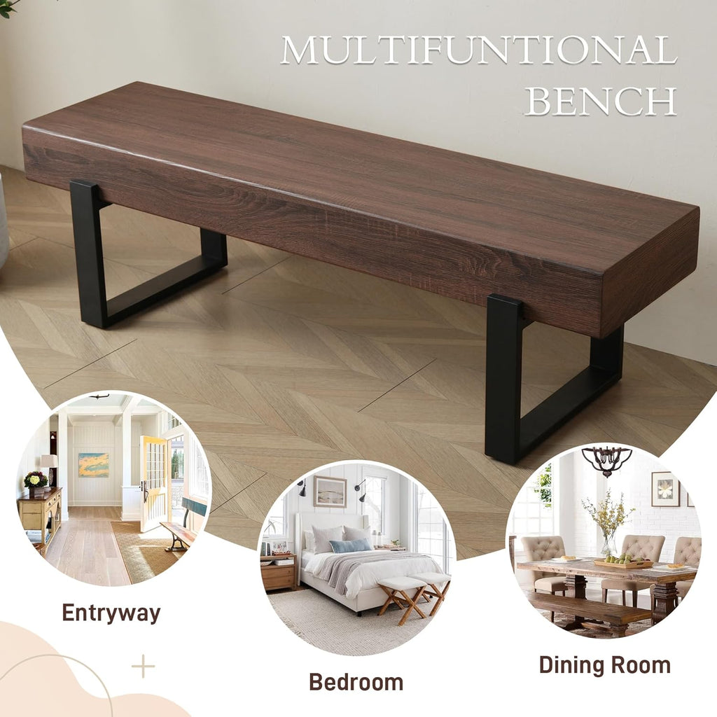 59" Dining Bench, Farmhouse Indoor Kitchen Table Benches, Industrial Shoe Bench, Entryway Benches, Black + Dark Walnut