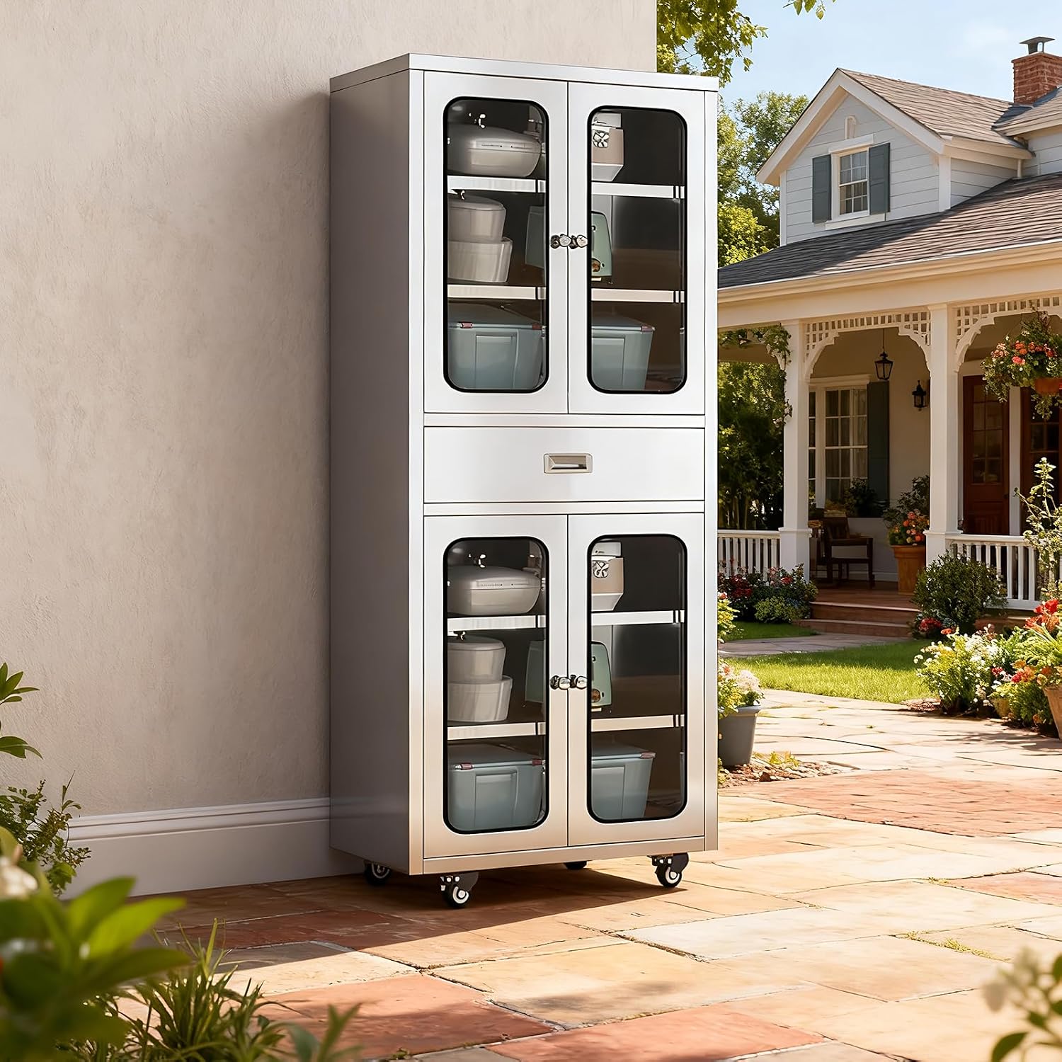 68" Full-Assembled Stainless Steel Cabinet with 1 Drawer and Glass Doors, 6-Tier Rolling Kitchen Pantry Storage Cabinet with Wheels for Garage, Warehouse, Utility Room, Laundry Room, Restaurant, Cafe