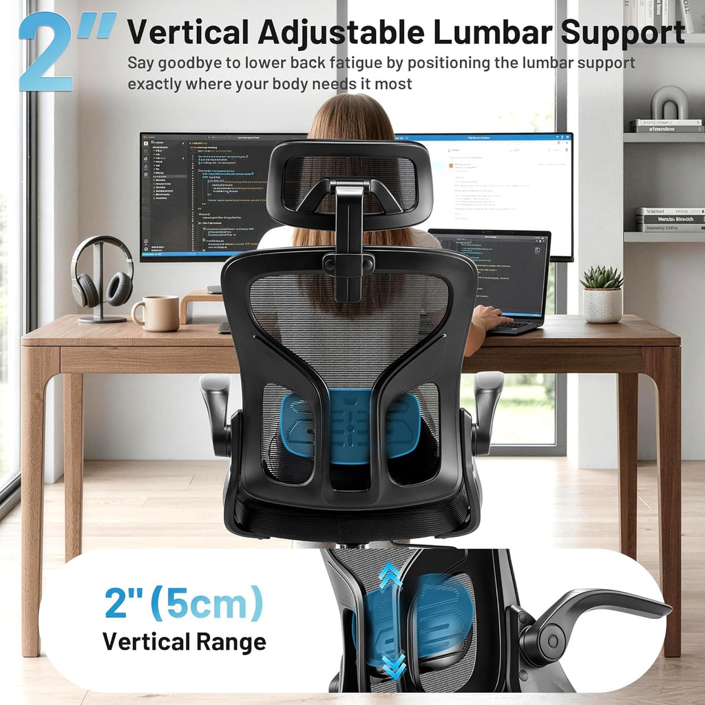 Office Chair Ergonomic Desk Chair with Adjustable Headrest Lumbar Support, High Back Breathable Mesh Chair with 120° Tilt & Flip-Up Armrests, Swivel Comfy Task Computer Chair for Work, Study