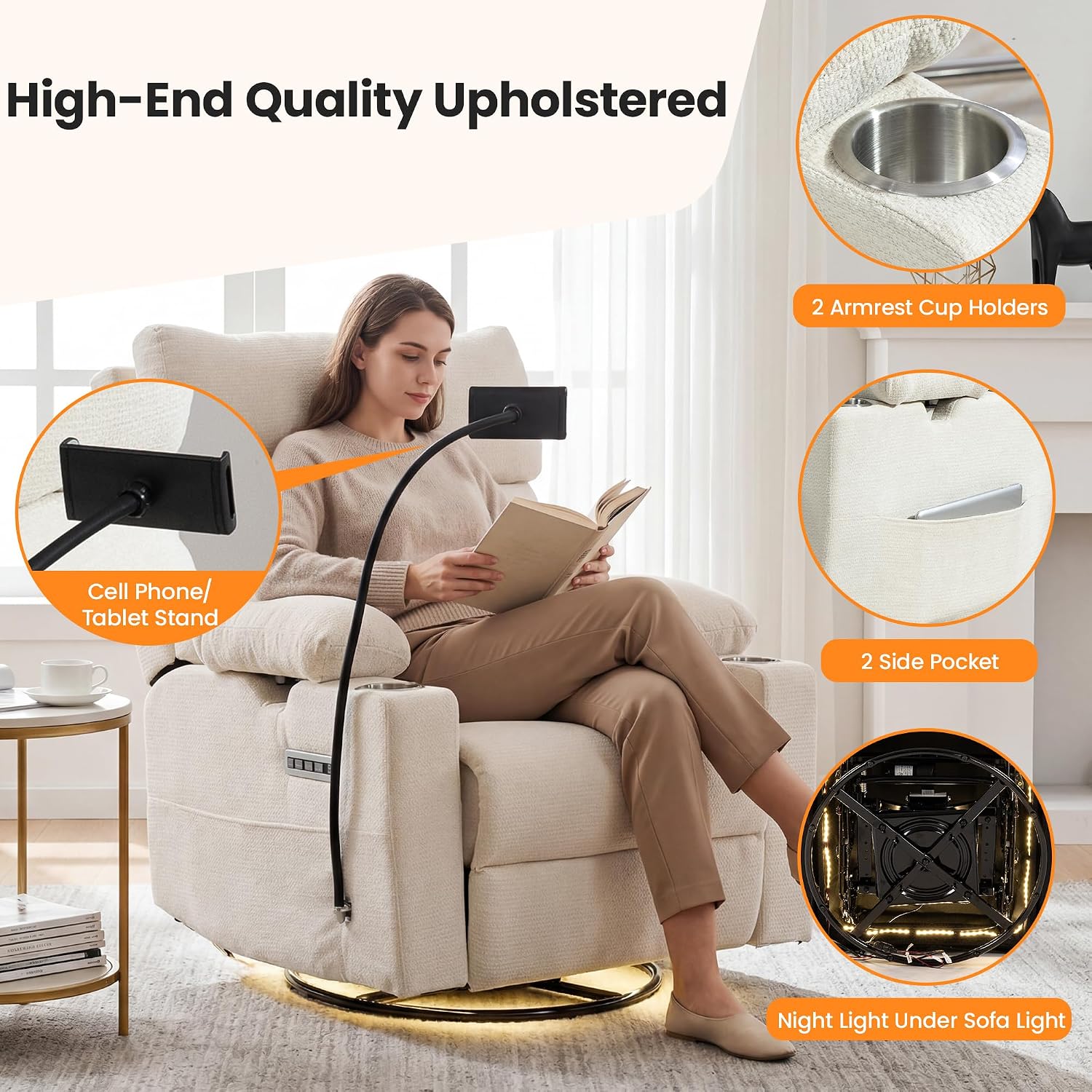 FiveWillowise Power Rocking Chair Nursery with Adjustable Armrests&Headrest, Glider Recliner Chair, Swivel Reading Chair with Electric Lumbar Support, Cup Holder, Nightlight and USB Ports,White
