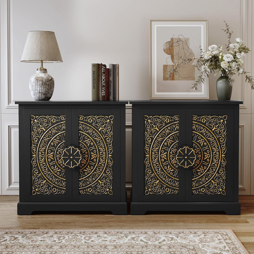 ARTPOWER Embossed Accent Cabinet Set of 2, Vintage Sideboard Buffet Cabinet, Credenza Storage Cabinets with Doors and Shelves for Living Room, Dining Room, Entryway, Hallway, Black