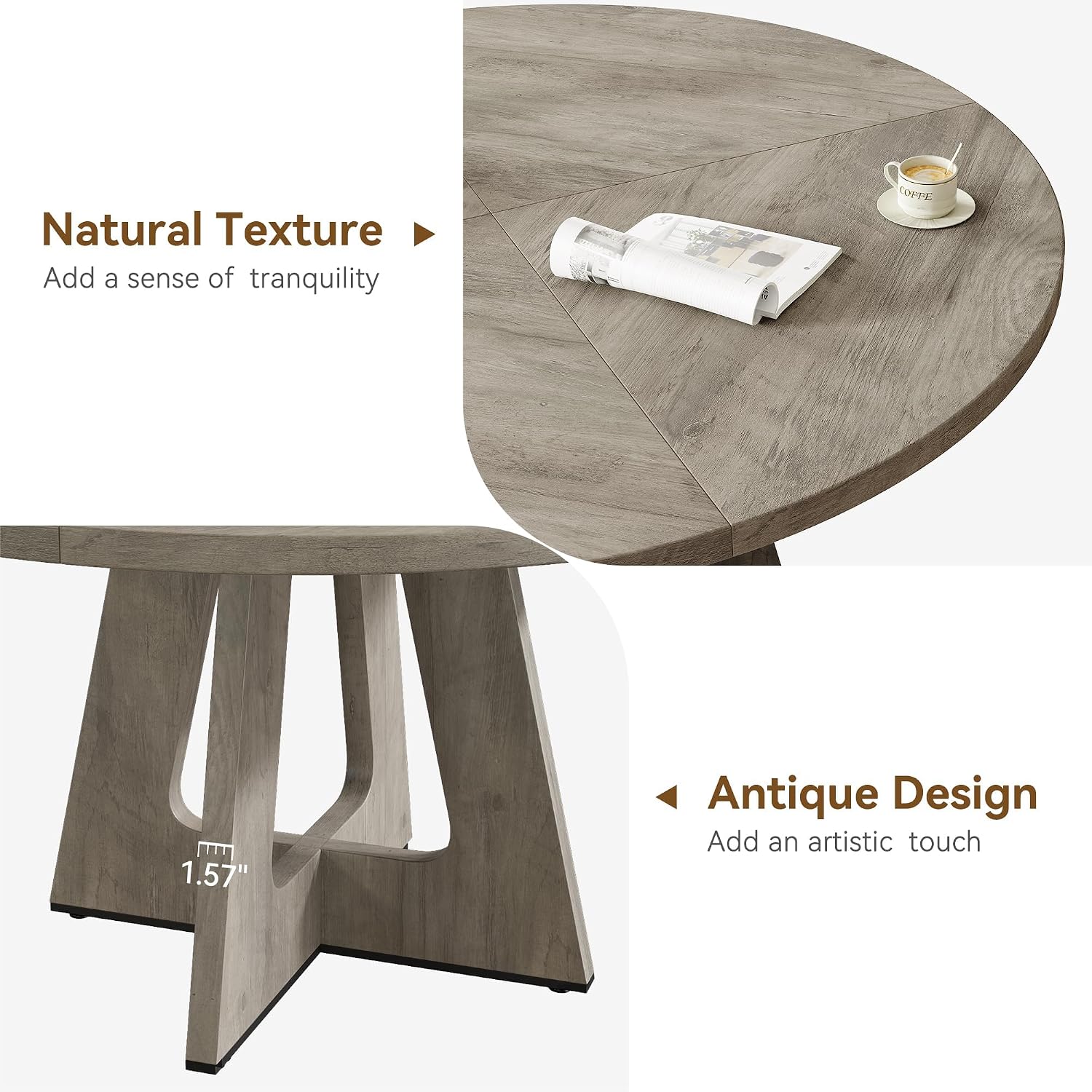 47" Round Farmhouse Dining Table, Seats 4–6, Wood Top & Legs, Sturdy Kitchen Table for Home, Dining Room, or Living Room – Grey (No Chairs)