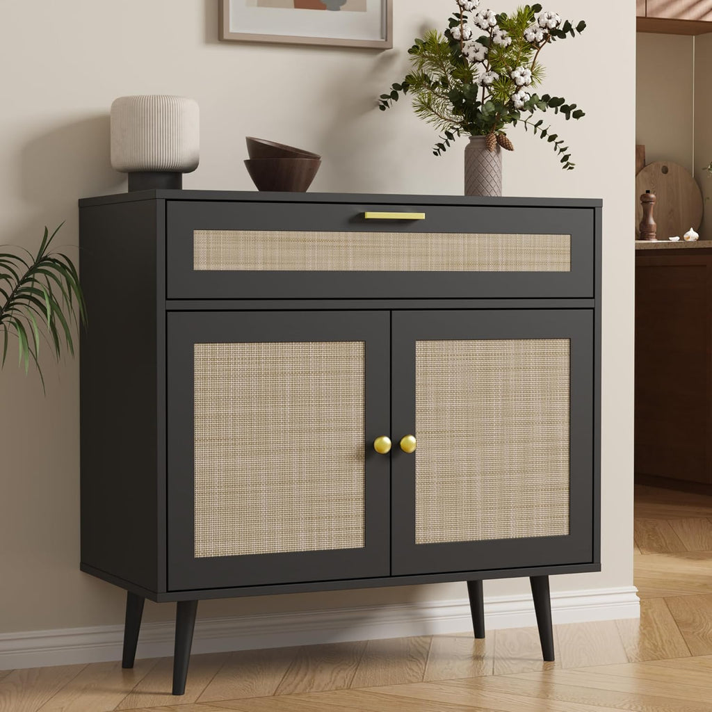 Furnify Rattan Sideboard Buffet, Boho Kitchen Cabinet with Drawer & 2 Doors, Modern Mid Century Accent Cabinet with Adjustable Shelf, Coffee Bar for Living Room, Entryway, Kitchen, Black