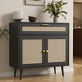 Furnify Rattan Sideboard Buffet, Boho Kitchen Cabinet with Drawer & 2 Doors, Modern Mid Century Accent Cabinet with Adjustable Shelf, Coffee Bar for Living Room, Entryway, Kitchen, Black