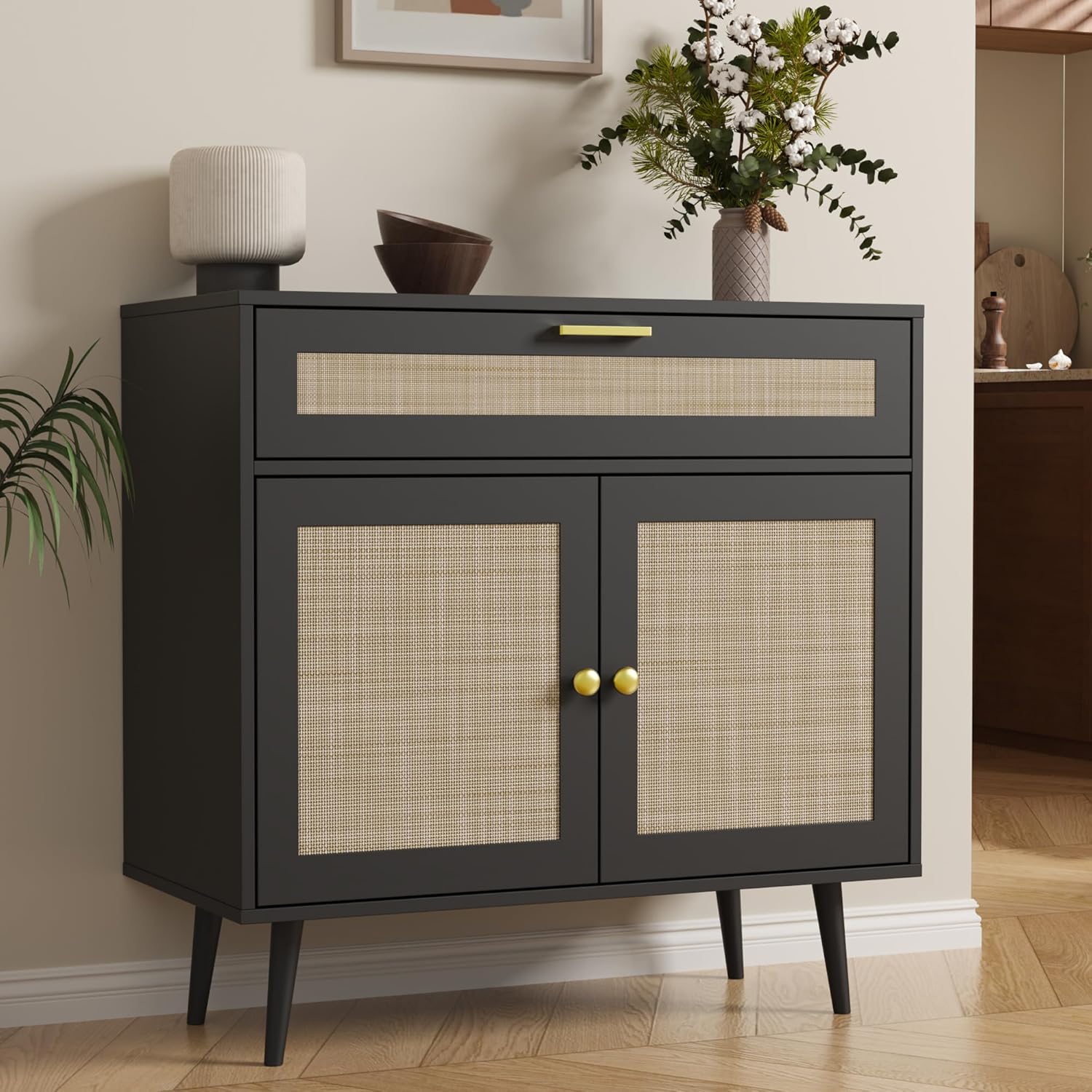 Furnify Rattan Sideboard Buffet, Boho Kitchen Cabinet with Drawer & 2 Doors, Modern Mid Century Accent Cabinet with Adjustable Shelf, Coffee Bar for Living Room, Entryway, Kitchen, Black