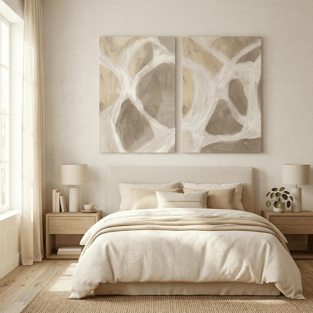 IUI Large Modern Abstract Canvas Wall Art - Neutral Gray, Beige & Gold Textured Canvas Prints, Minimalist Geometric Painting Artwork for Living Room Bedroom Office - 28" x 40"x 2
