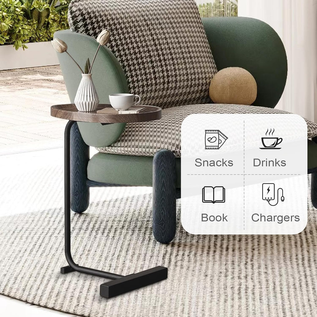 LUCKYERMORE C Shaped End Table,Sofa Side Table with Metal Base,Large Circular Tray Wood Top,Easy Install Heavy Duty Side Table,TV Tray for Couch Sofa,17.7 * 11.8 * 24.4inches